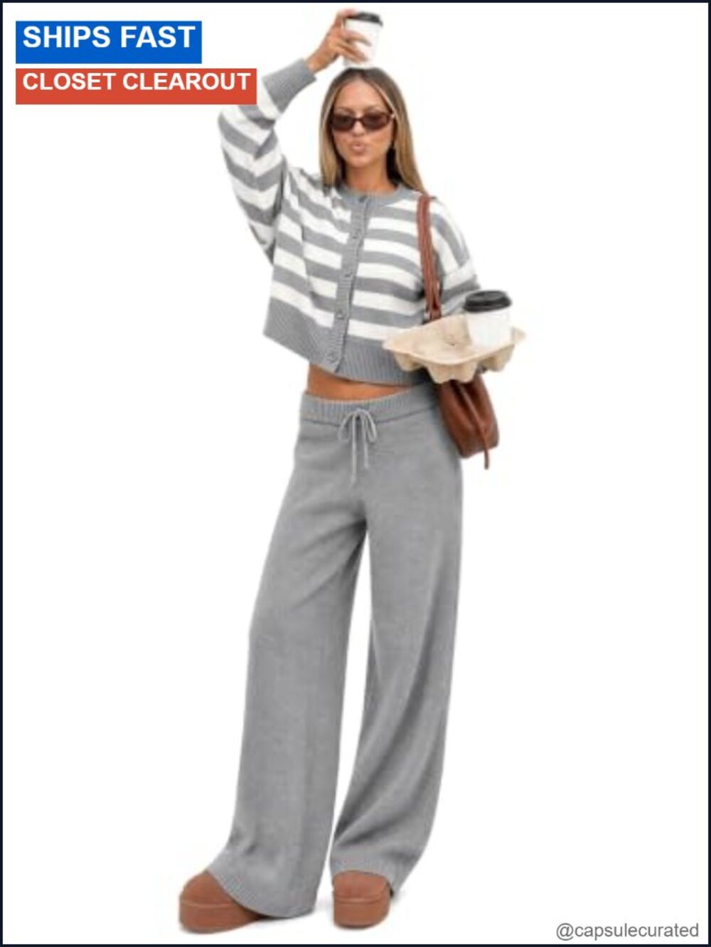 2 Piece Lounge Set Acrylic Blend Striped Cardigan Wide Leg Pant